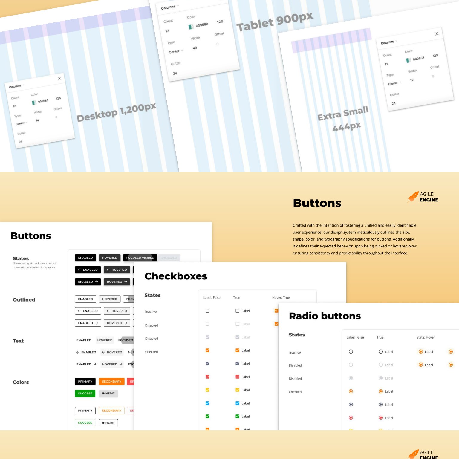AE Design System responsive grid breakpoints and button states
