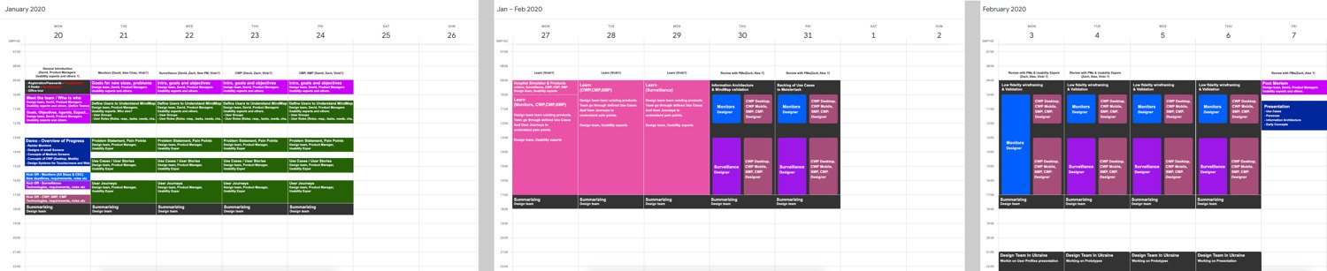 Three-week onsite workshop calendar with colour-coded sessions