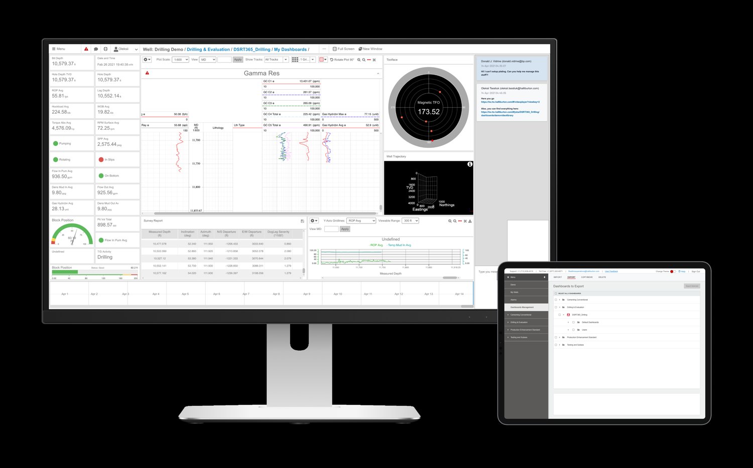 Real-time drilling dashboard on a monitor with the tablet companion