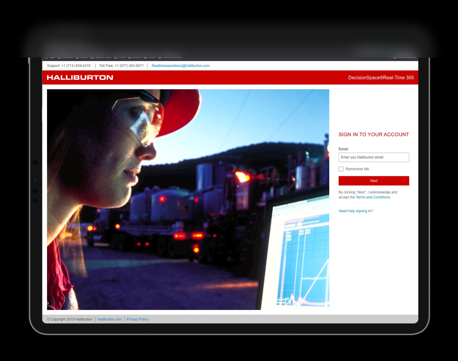 Tablet sign-in screen for the field companion app